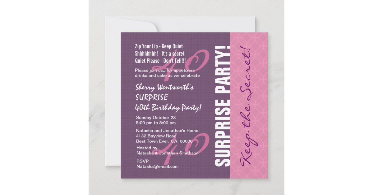 40th SURPRISE Birthday Purple and Pink Pattern Invitation | Zazzle