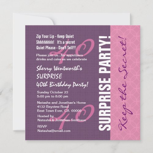 40th SURPRISE Birthday Purple and Pink Pattern Custom Announcement