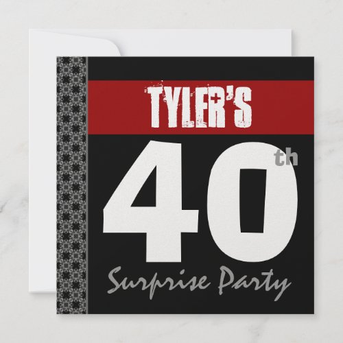 40th Surprise Birthday Red Black White Metallic Invitation