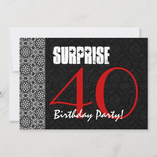 40th Surprise Birthday Red Black White Pattern Invitations