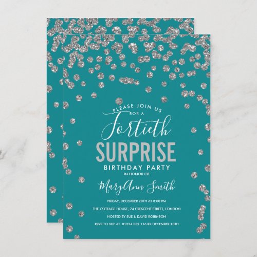 40th Surprise Birthday Silver Teal Invitation