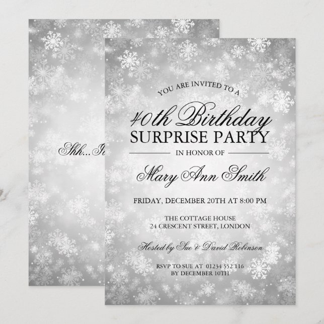 40th Surprise Birthday Silver Winter Wonderland Invitation (Front/Back)