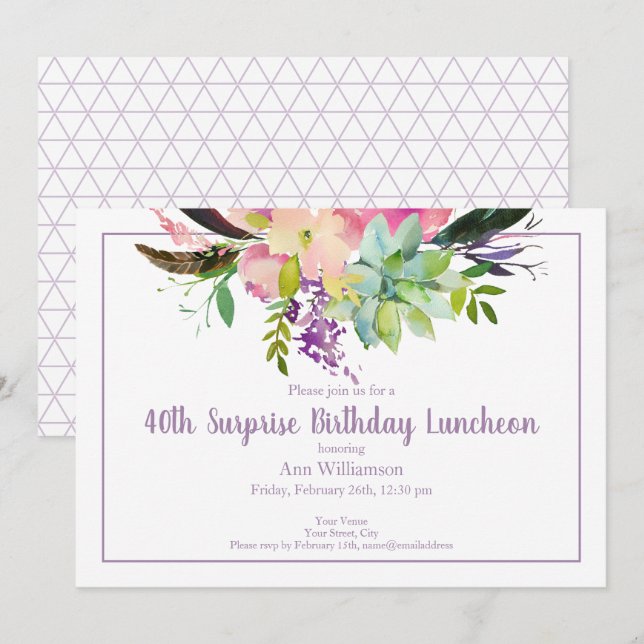 40th Surprise Boho Flower Succulent Birthday Invitation (Front/Back)