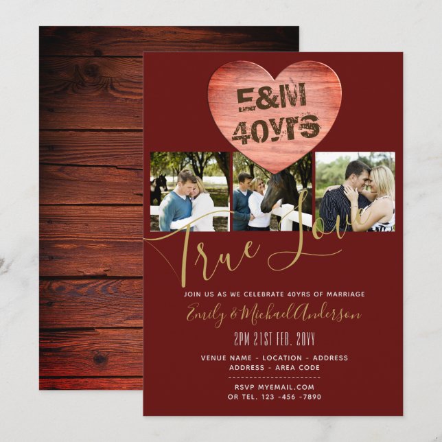 40th Wedding Anniversary - ADD PHOTOS x 3 Rustic Invitation (Front/Back)
