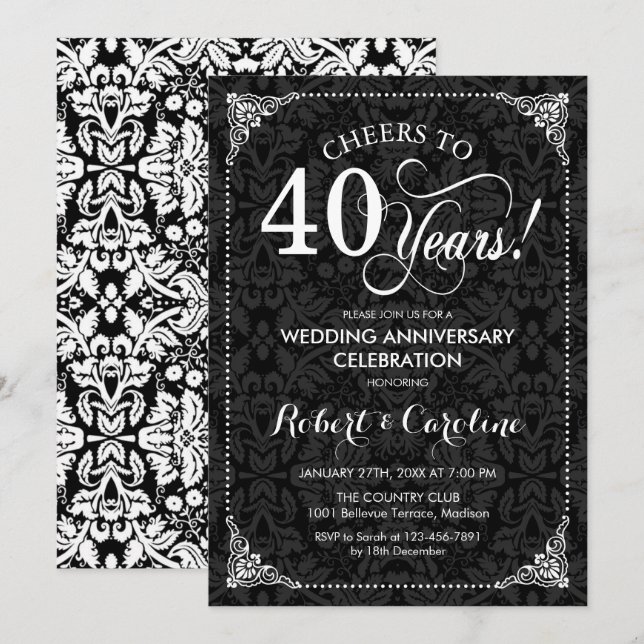 40th Wedding Anniversary - Black White Damask Invitation (Front/Back)