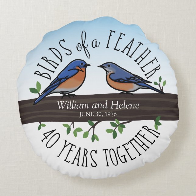 40th Wedding Anniversary, Bluebirds of a Feather Round Pillow (Back)