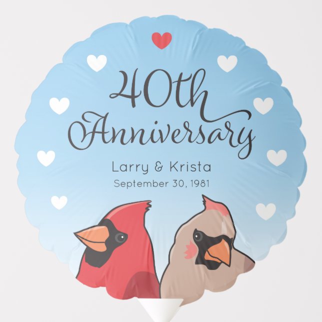 40th Wedding Anniversary, Cardinals and Hearts Balloon (Front)