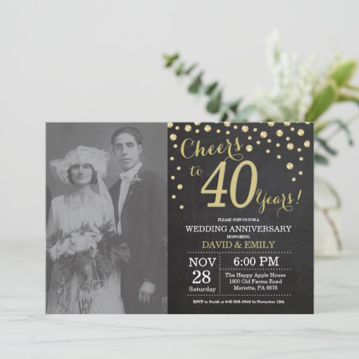 40th Wedding Anniversary Chalkboard Black and Gold Invitation | Zazzle