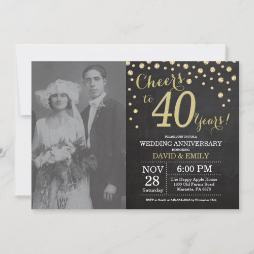 40th Wedding Anniversary Chalkboard Black and Gold Invitation
