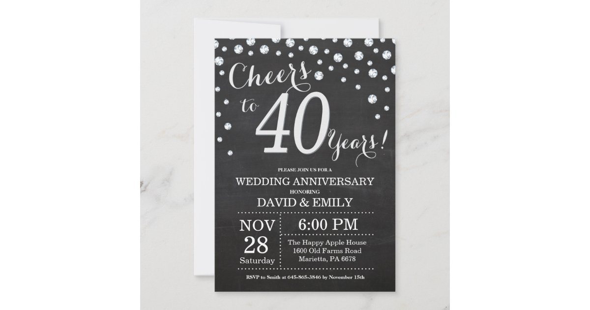 40th Wedding Anniversary Chalkboard Black Silver Invitation | Zazzle