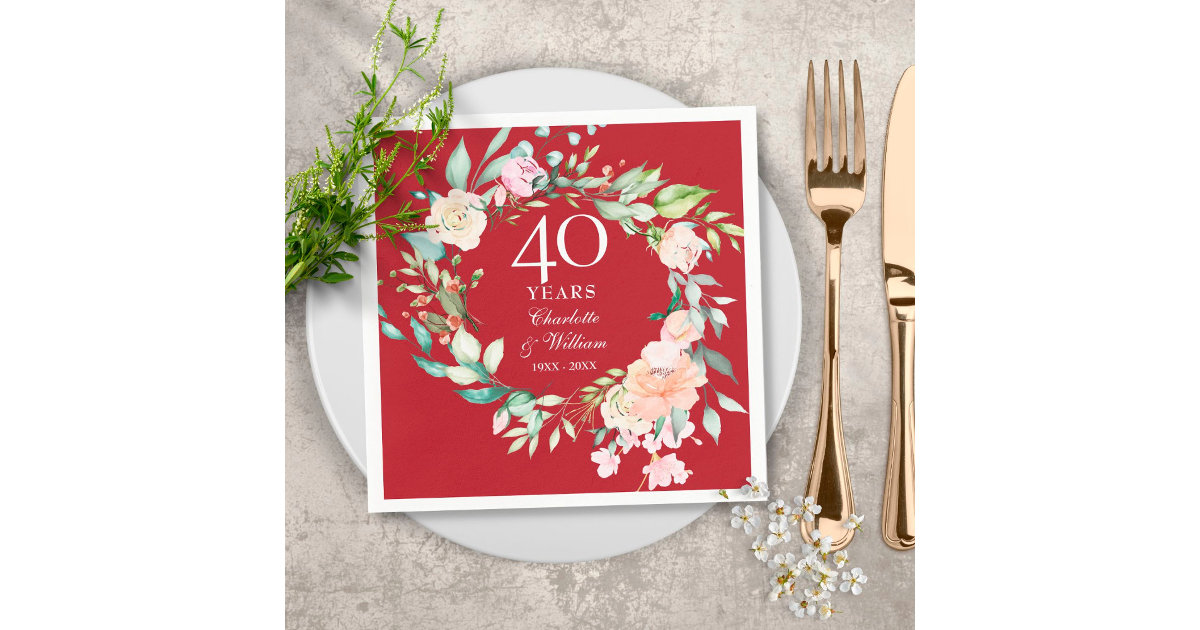 40th Wedding Anniversary Country Floral Ruby Napkins | Zazzle