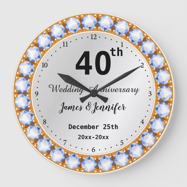 40th Wedding Anniversary diamond Custom Names Large Clock (Front)