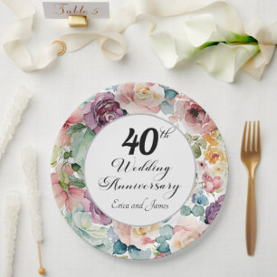 40th Wedding Anniversary Elegant Script Floral Paper Plates