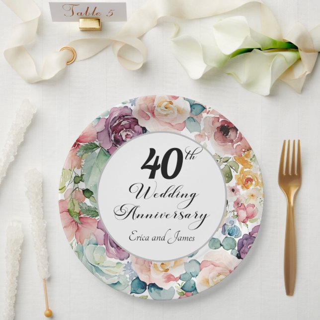 40th Wedding Anniversary Elegant Script Floral Paper Plates (Wedding)