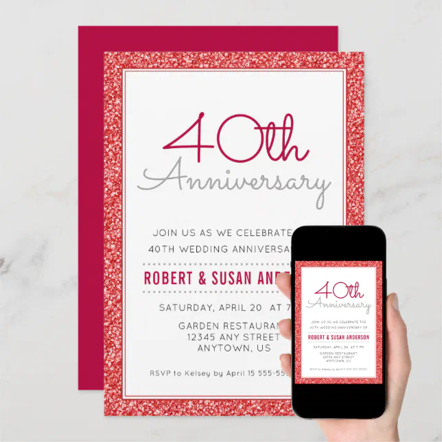 40th Wedding Anniversary Faux Red Glitter Invitation | Zazzle