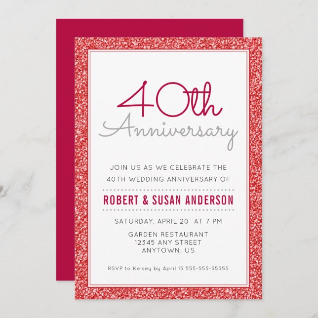 40th Wedding Anniversary Faux Red Glitter Invitation (Front/Back)
