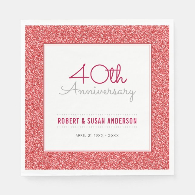 40th Wedding Anniversary Faux Red Glitter Paper Napkins (Front)