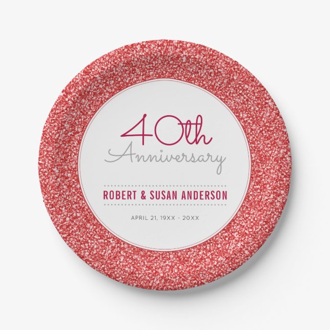 40th Wedding Anniversary Faux Red Glitter Paper Plates (Front)