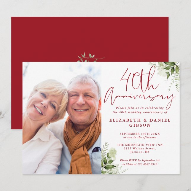 40th Wedding Anniversary Floral Greenery Photo Invitation (Front/Back)