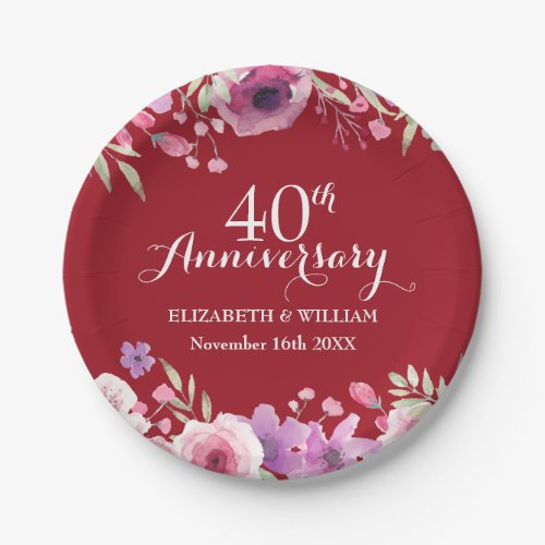 40th Wedding Anniversary Flowers Chic Ruby Paper Plates
