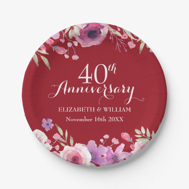 40th Wedding Anniversary Flowers Chic Ruby Paper Plates (Front)