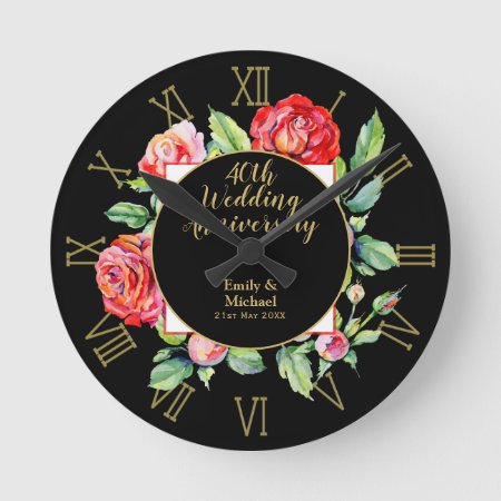 40th Wedding Anniversary Gift - Ruby Red Roses Round Clock