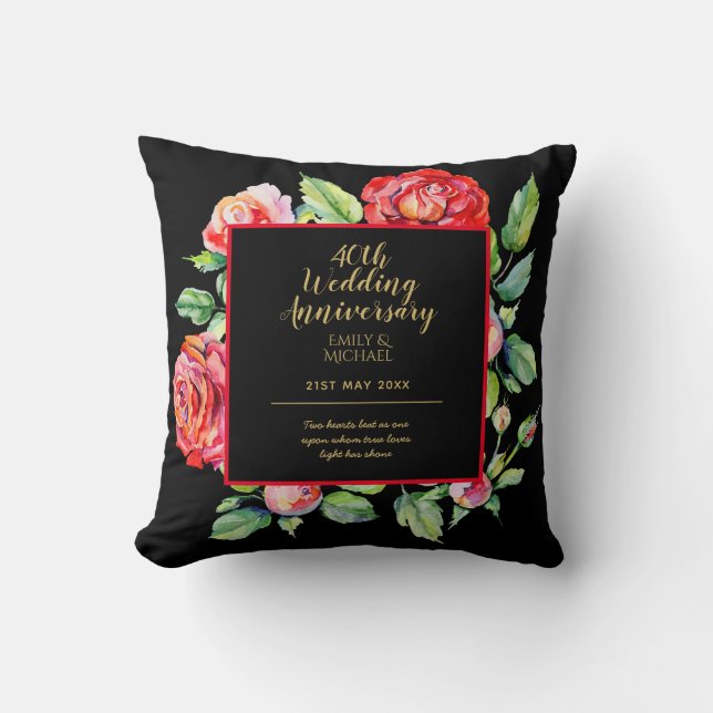 40th Wedding Anniversary Gift - Ruby Red Roses Throw Pillow (Front)