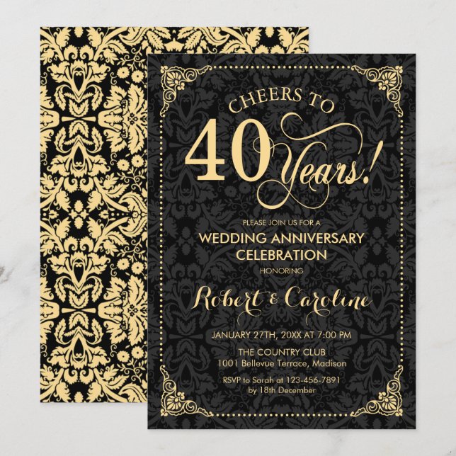 40th Wedding Anniversary - Gold Black Damask Invitation (Front/Back)