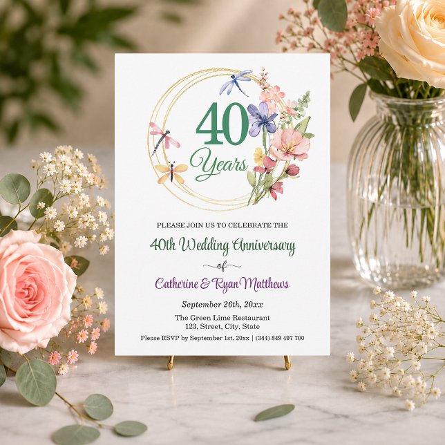 40th Wedding Anniversary Gold Frame Floral Invitation (Creator Uploaded)