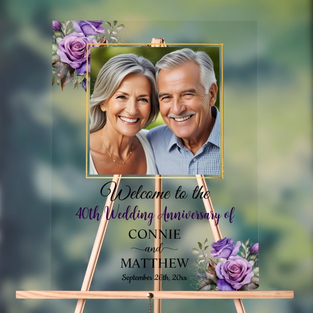 40th Wedding Anniversary Gold Frame Purple Roses Acrylic Sign (Neutral)