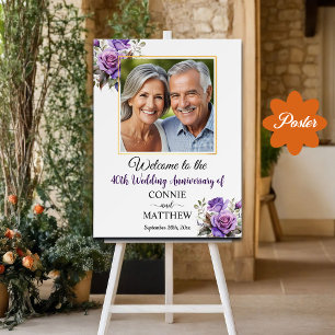 40th Wedding Anniversary Gold Frame Purple Roses Poster