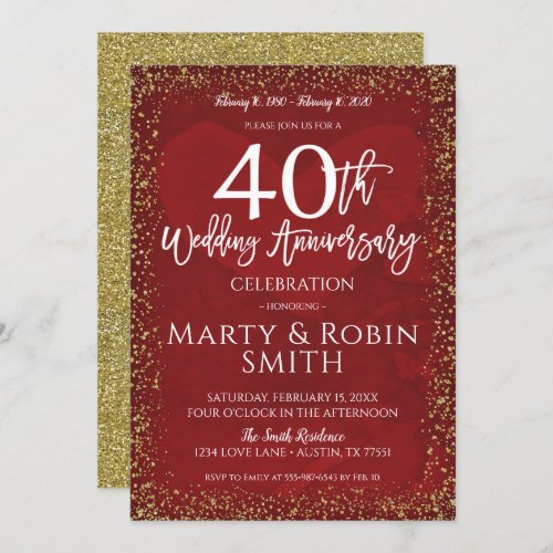 40th Wedding Anniversary Gold Glitter Ruby Red Invitation