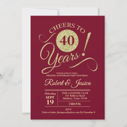 40th Wedding Anniversary Gold Ruby Red Invitation