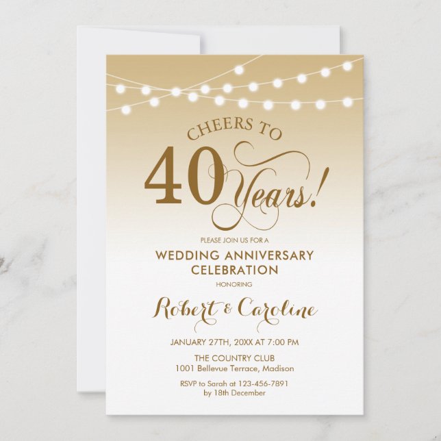 40th Wedding Anniversary - Gold White Invitation (Front)