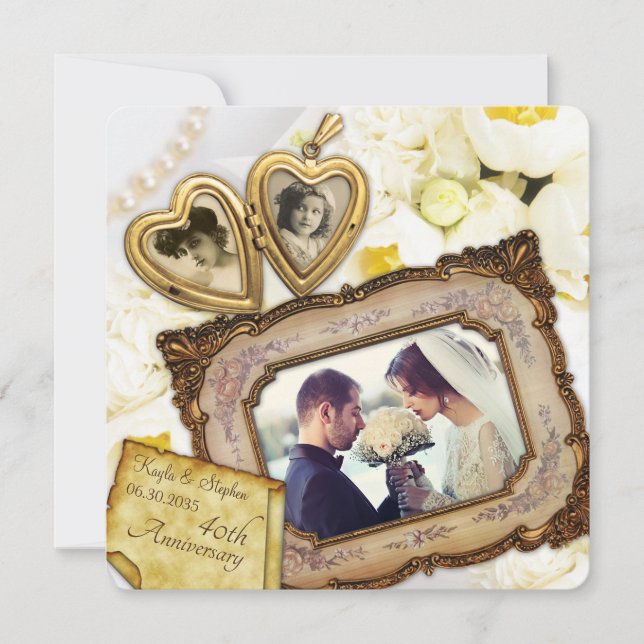 40th Wedding Anniversary Golden Heart Locket Frame Invitation (Front)