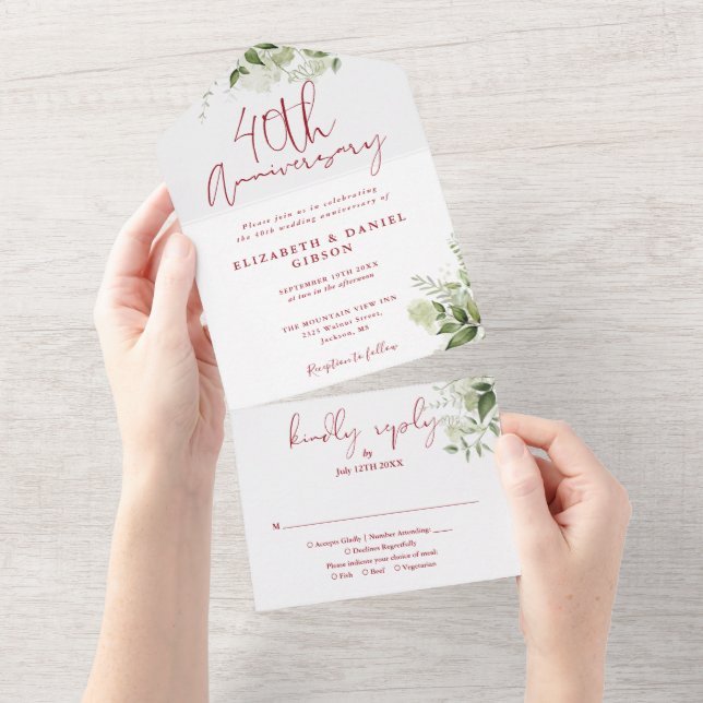 40th Wedding Anniversary Greenery Floral All In One Invitation (Tearaway)