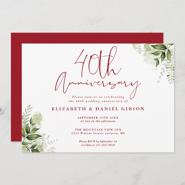 40th Wedding Anniversary Greenery Floral Invitation (Front/Back)