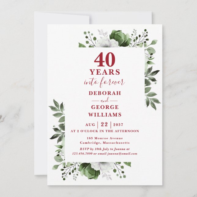 40th Wedding Anniversary Greenery Floral Monogram Invitation (Front)