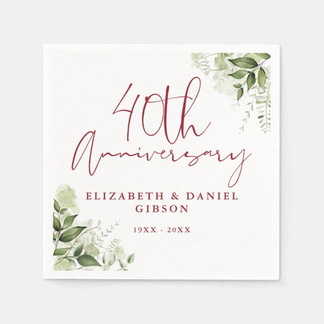 40th Wedding Anniversary Greenery Floral Napkins (Front)