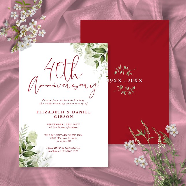 40th Wedding Anniversary Greenery Ruby Script Invitation (40th Wedding Anniversary Greenery Ruby Script Invitation)