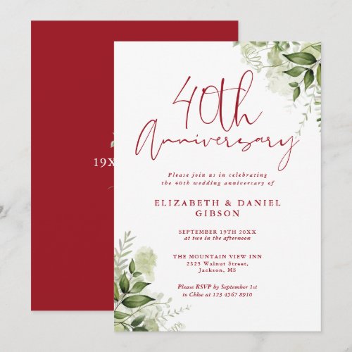 40th Wedding Anniversary Greenery Ruby Script