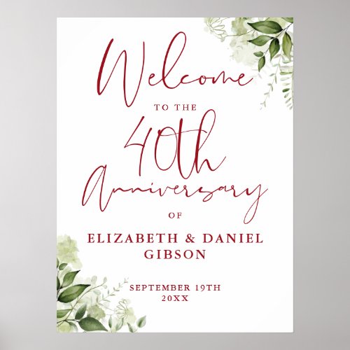 40th Wedding Anniversary Greenery Welcome Sign