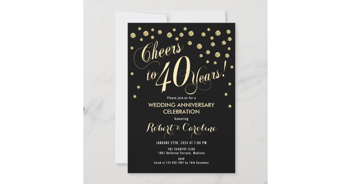 40th Wedding Anniversary Invitation - Black & Gold | Zazzle