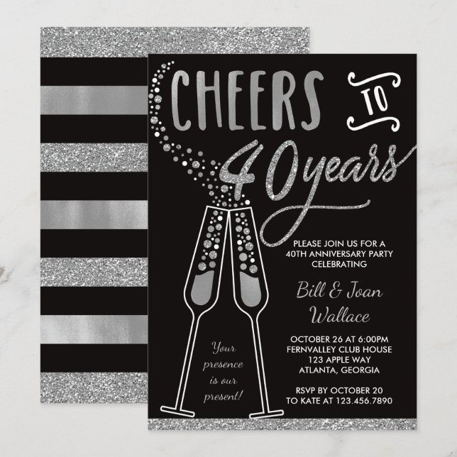 40th Wedding Anniversary Invitation, Faux Glitter Invitation (Front/Back)