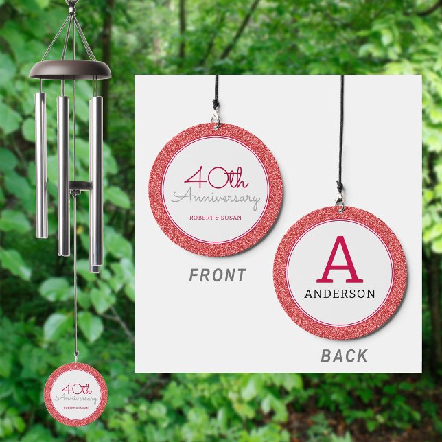 40th Wedding Anniversary Monogram Faux Red Glitter Wind Chime (Creator Uploaded)