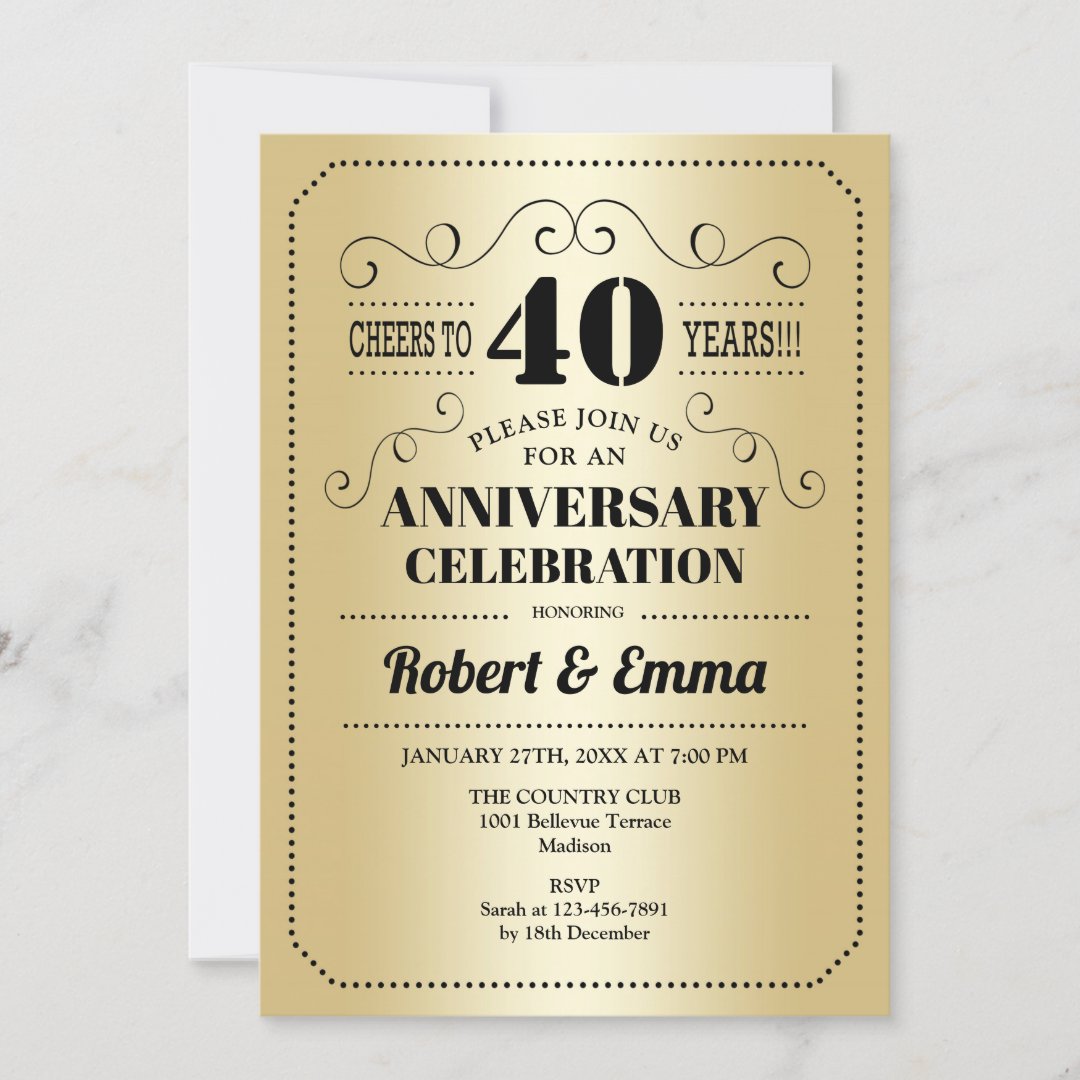 40th Wedding Anniversary Party - Gold Black Invitation | Zazzle