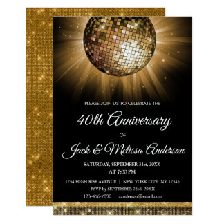 40th Wedding Anniversary Party Gold Disco Ball Invitation