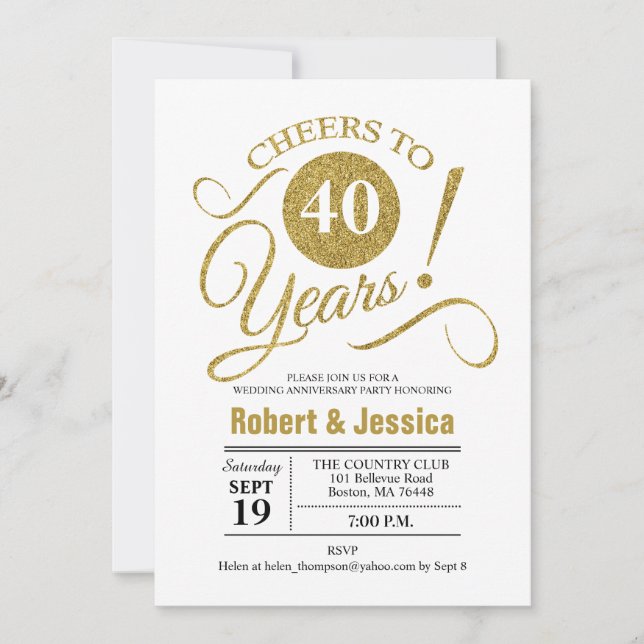 40th Wedding Anniversary Party - Gold White Invitation (Front)