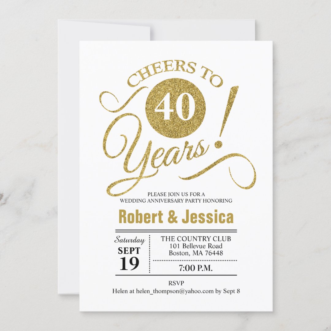 40th Wedding Anniversary Party - Gold White Invitation | Zazzle