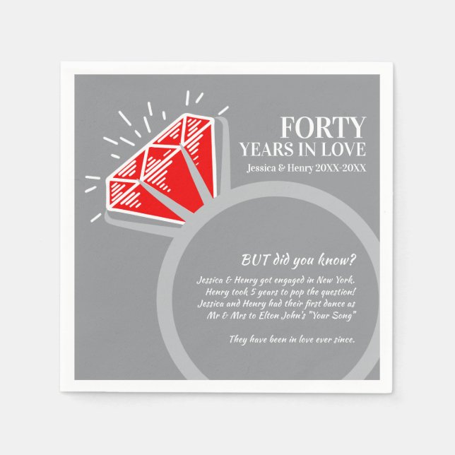 40th wedding anniversary party ruby ring fun facts napkins (Front)